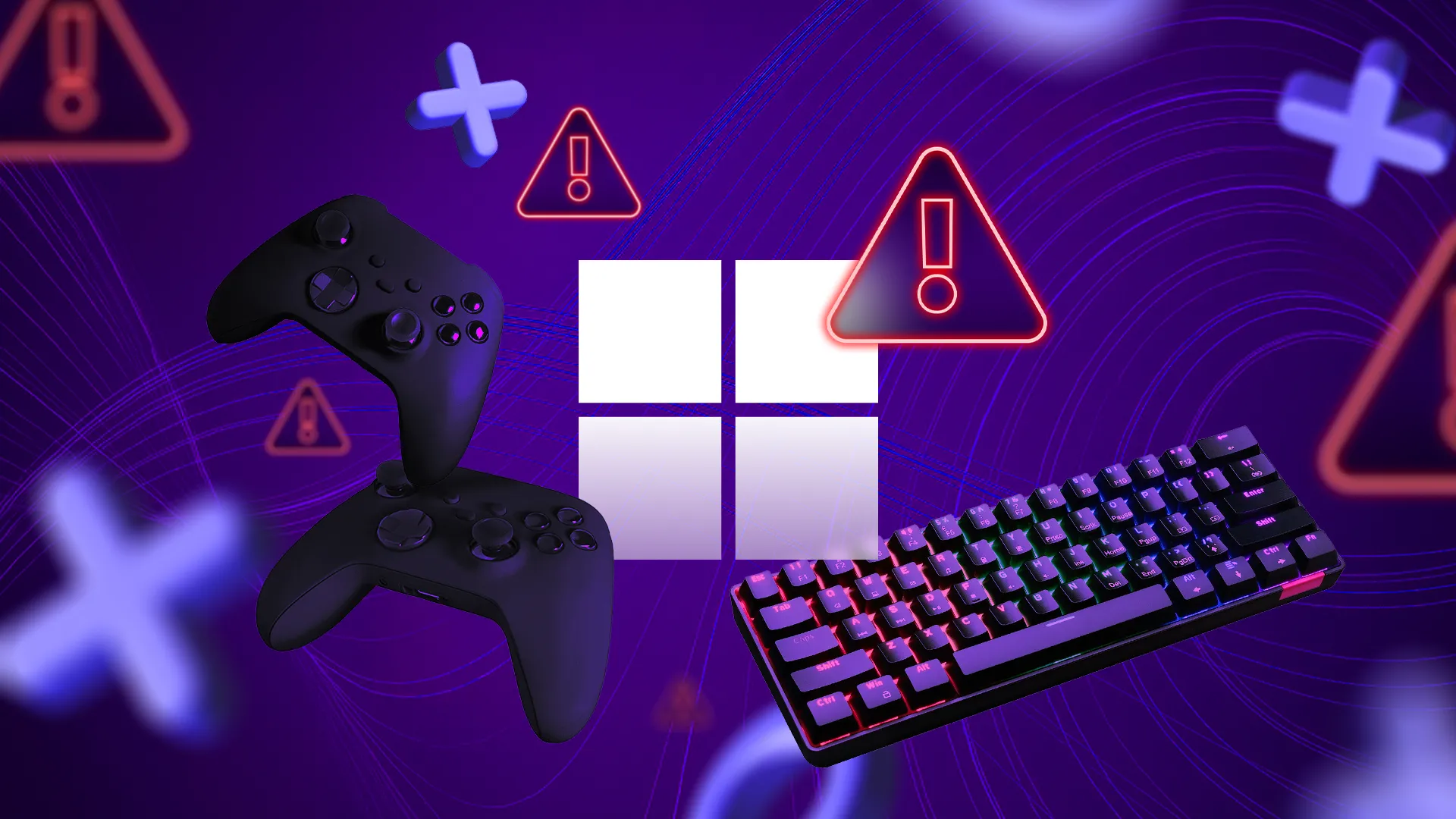 Logo Windows với các biểu tượng cảnh báo, xung quanh là tay cầm chơi game và bàn phím
