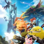 Lối chơi chiến đấu và sinh tồn trong game Palworld, hiển thị nhân vật và các Pal cùng vũ khí