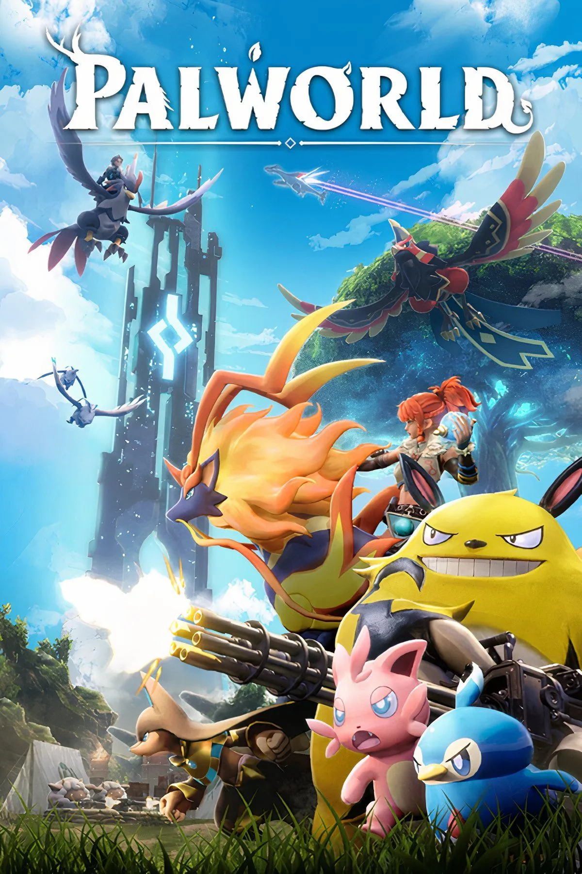Lối chơi chiến đấu và sinh tồn trong game Palworld, hiển thị nhân vật và các Pal cùng vũ khí
