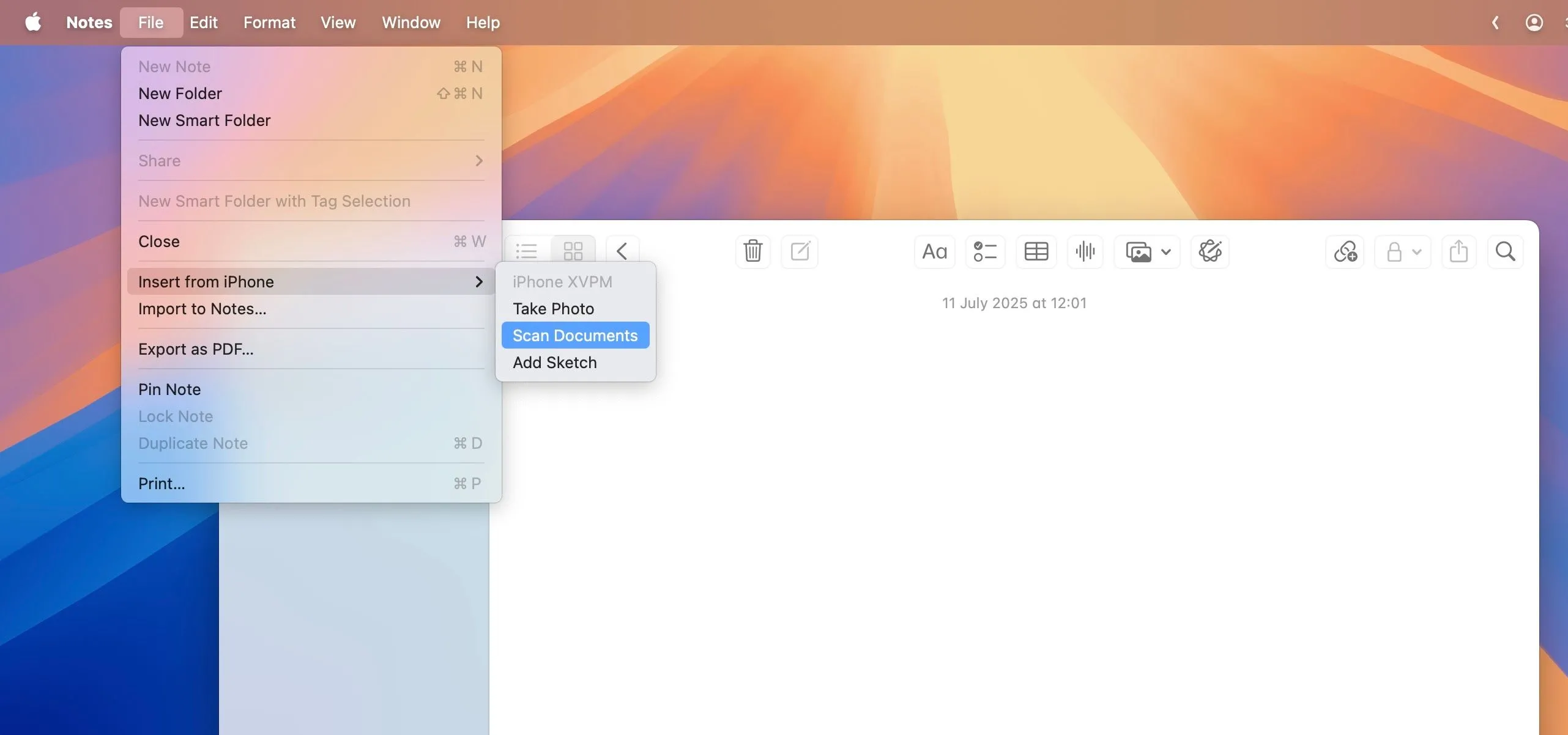 Lựa chọn &quot;Quét Tài liệu&quot; trong ứng dụng Ghi chú trên macOS, sử dụng iPhone làm máy quét ảnh.
