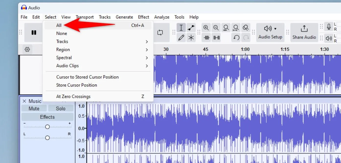 Lựa chọn toàn bộ các bản nhạc trong Audacity bằng tùy chọn Select &gt; All