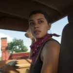 Lucia đang cầm tiền trong xe và nhìn lại trong game Grand Theft Auto VI.