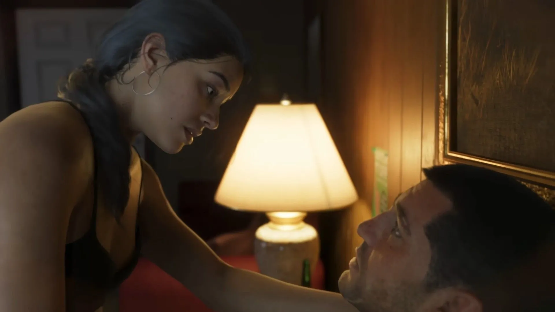 Lucia đang ngồi trên đùi Jason trong Grand Theft Auto VI.