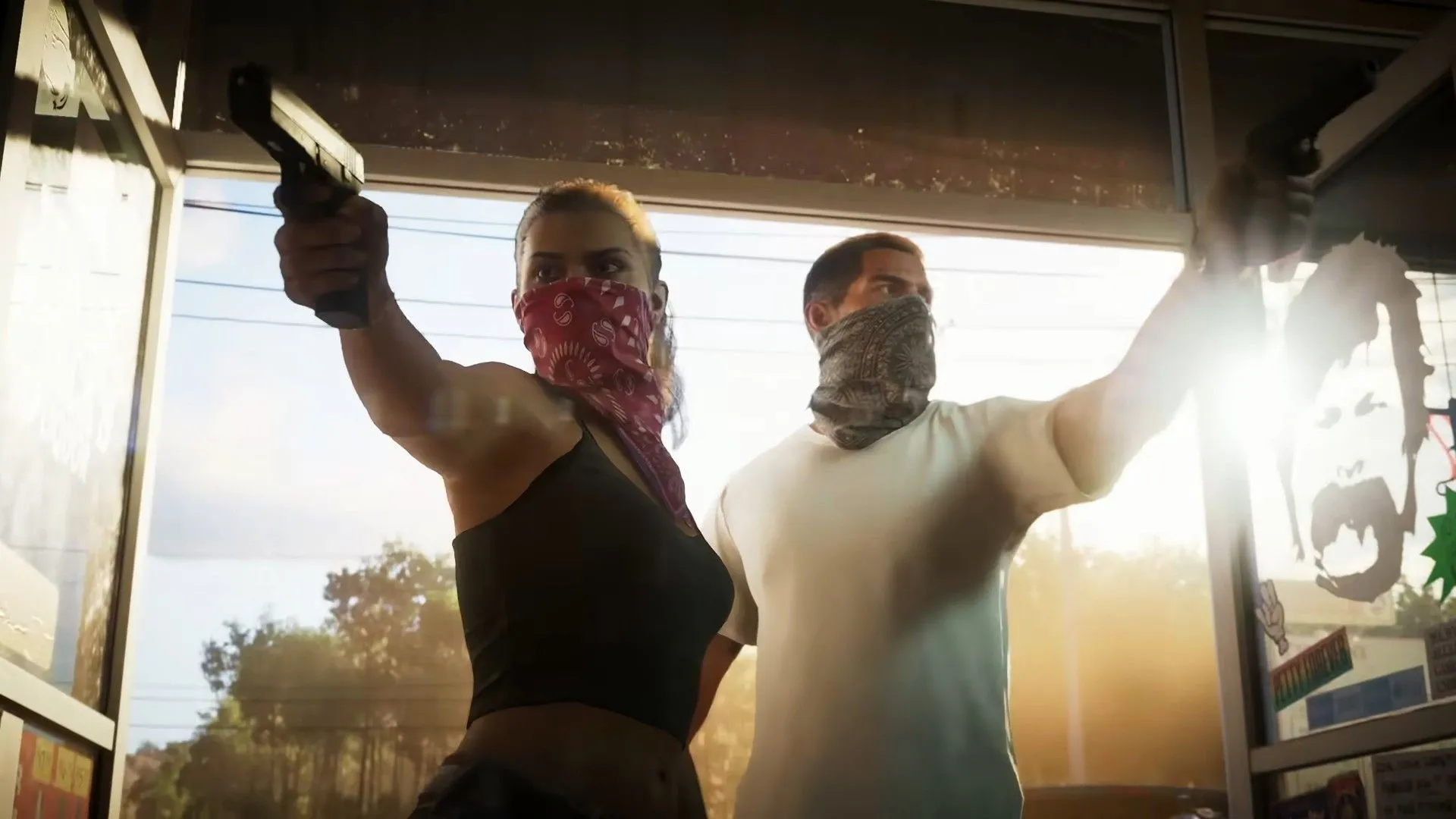 Lucia và Jason đang đi qua cửa trạm xăng với vũ khí trong Grand Theft Auto VI.