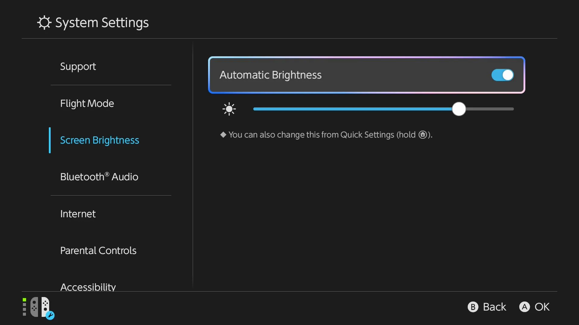 Màn hình cài đặt độ sáng tự động (Automatic Brightness) trên Nintendo Switch 2