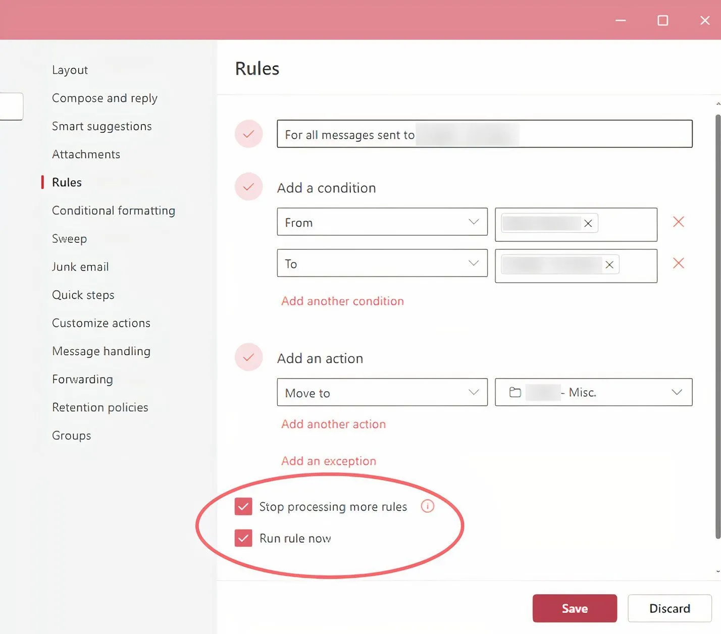 Màn hình cài đặt Quy tắc trong Outlook đã được thiết lập