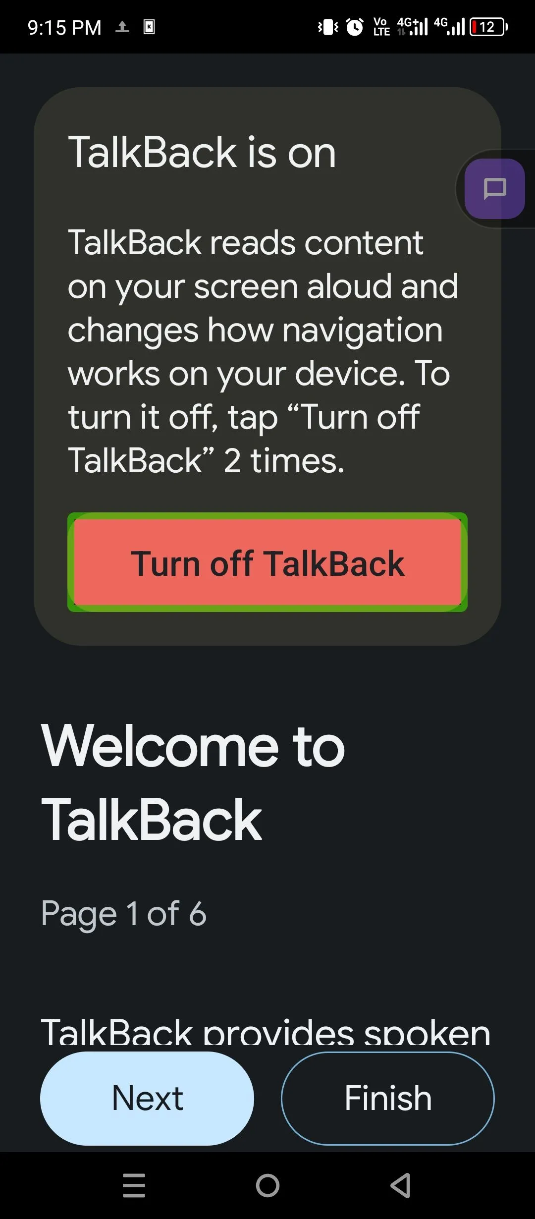 Màn hình chào mừng TalkBack hiển thị giao diện hướng dẫn người dùng mới trên Android
