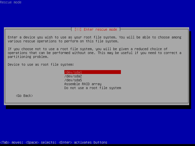 Màn hình chế độ khôi phục của trình cài đặt Debian Linux
