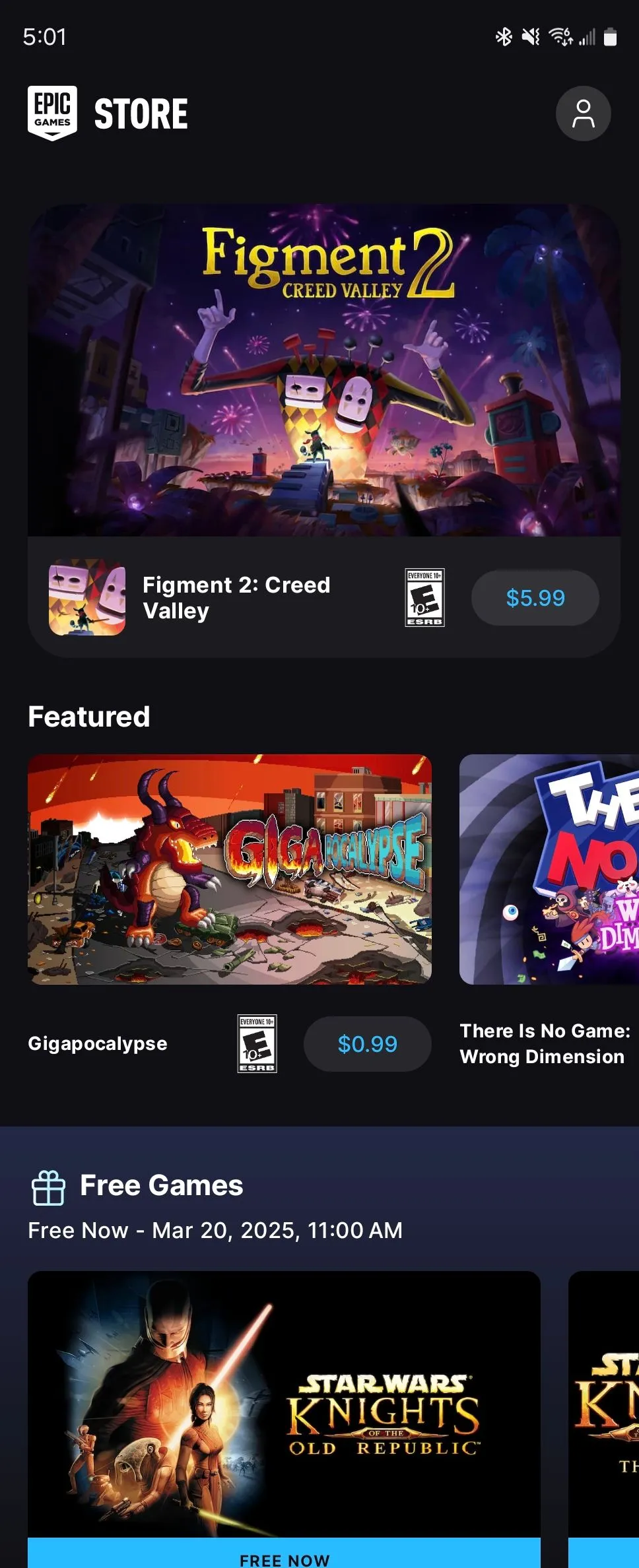 Màn hình chính của Epic Games Store trên thiết bị Android, thể hiện giao diện người dùng.