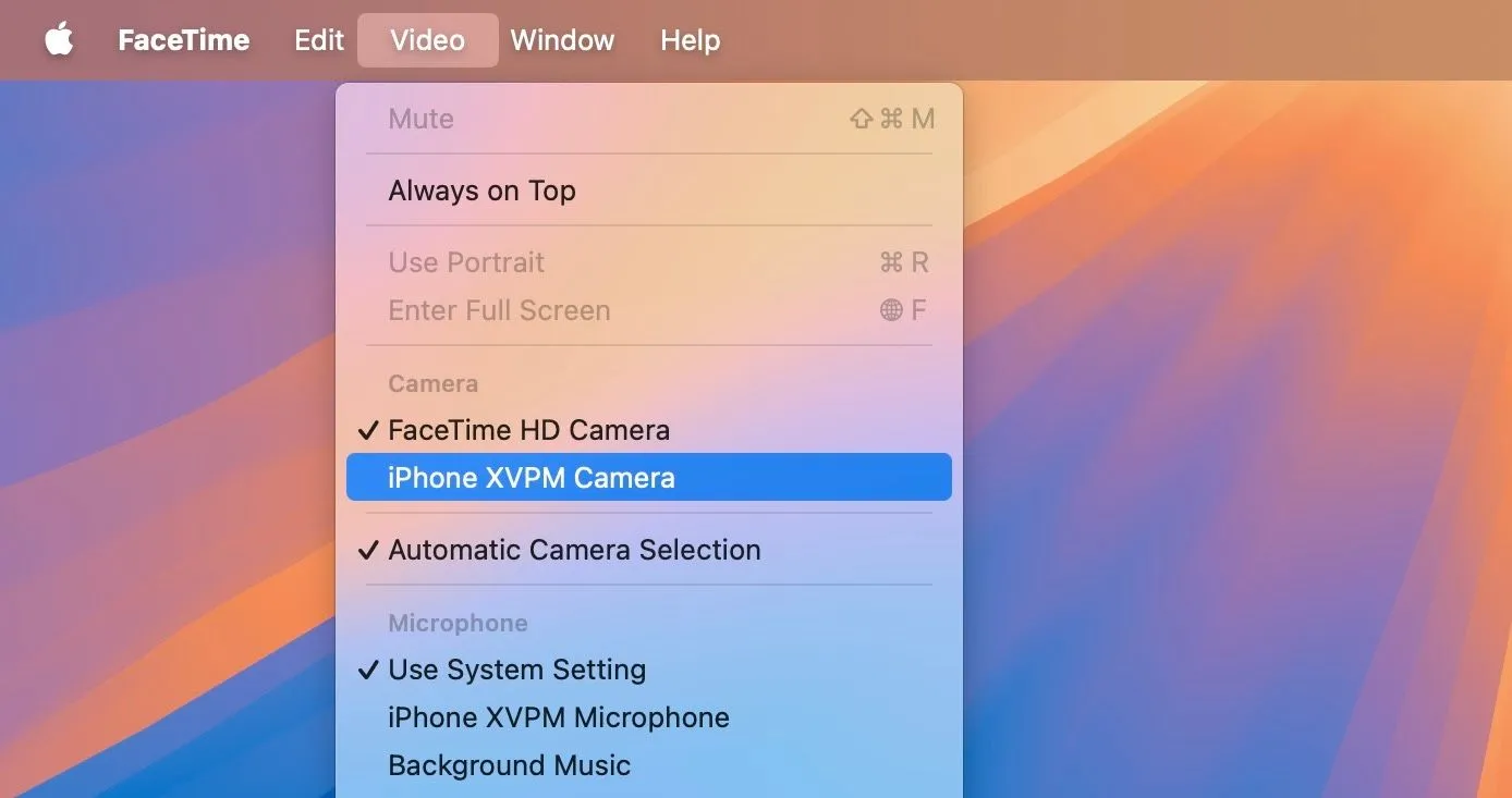 Màn hình chọn iPhone làm nguồn camera cho ứng dụng FaceTime trên Mac, tối ưu chất lượng cuộc gọi video.