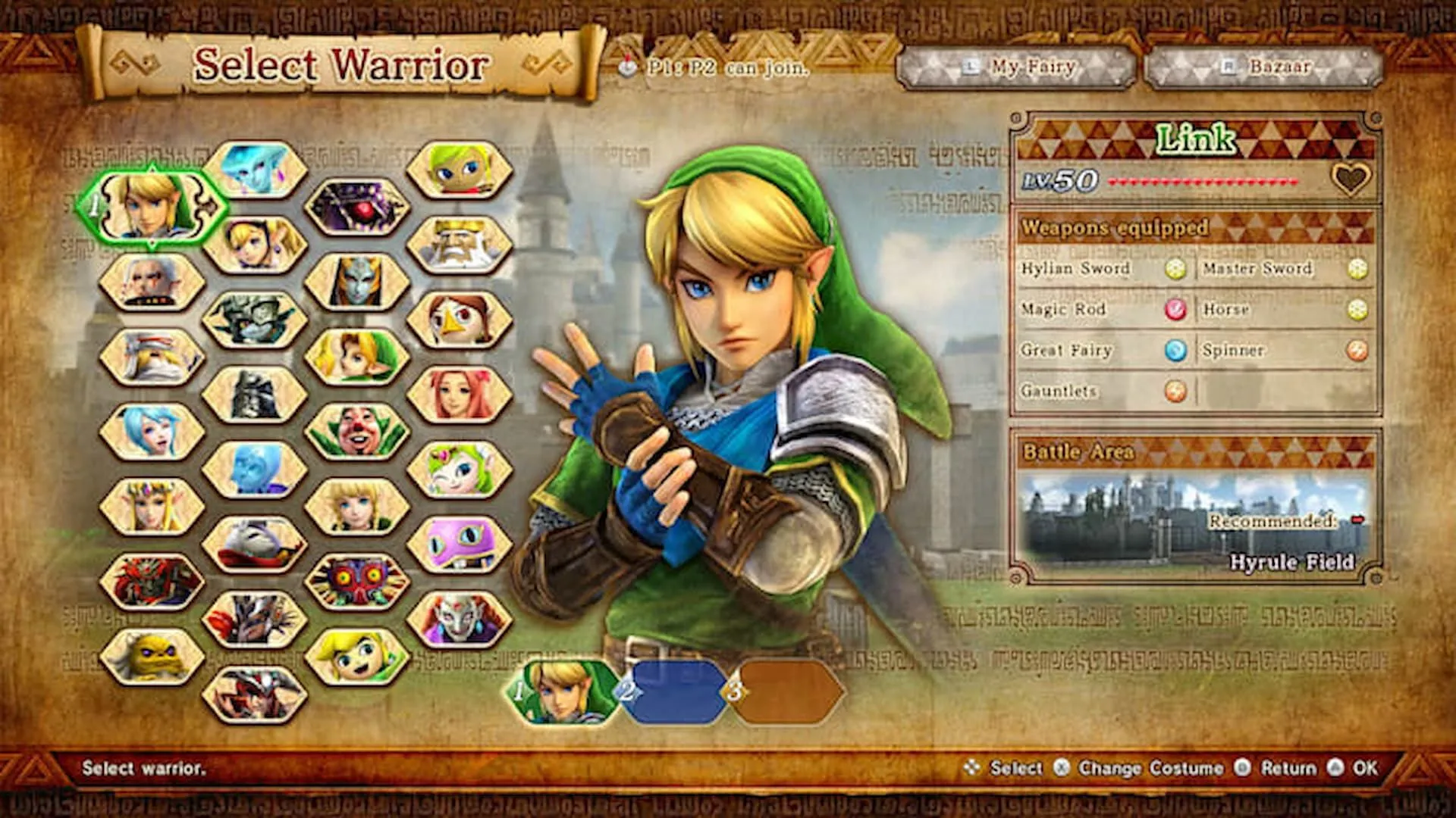 Màn hình chọn nhân vật trong Hyrule Warriors: Definitive Edition, hiển thị đa dạng các nhân vật từ vũ trụ The Legend of Zelda.