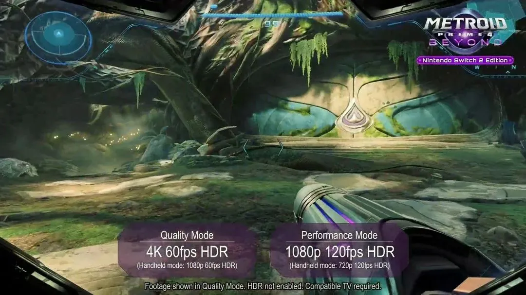 Màn hình game Metroid Prime 4 hiển thị hai chế độ hiệu suất khác nhau trên Nintendo Switch 2.