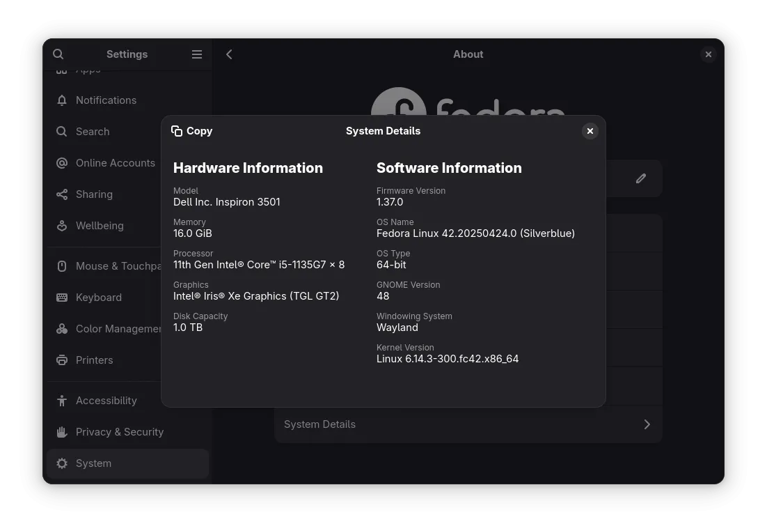Màn hình &quot;Giới thiệu&quot; trong cài đặt GNOME của Fedora, hiển thị thông tin hệ thống