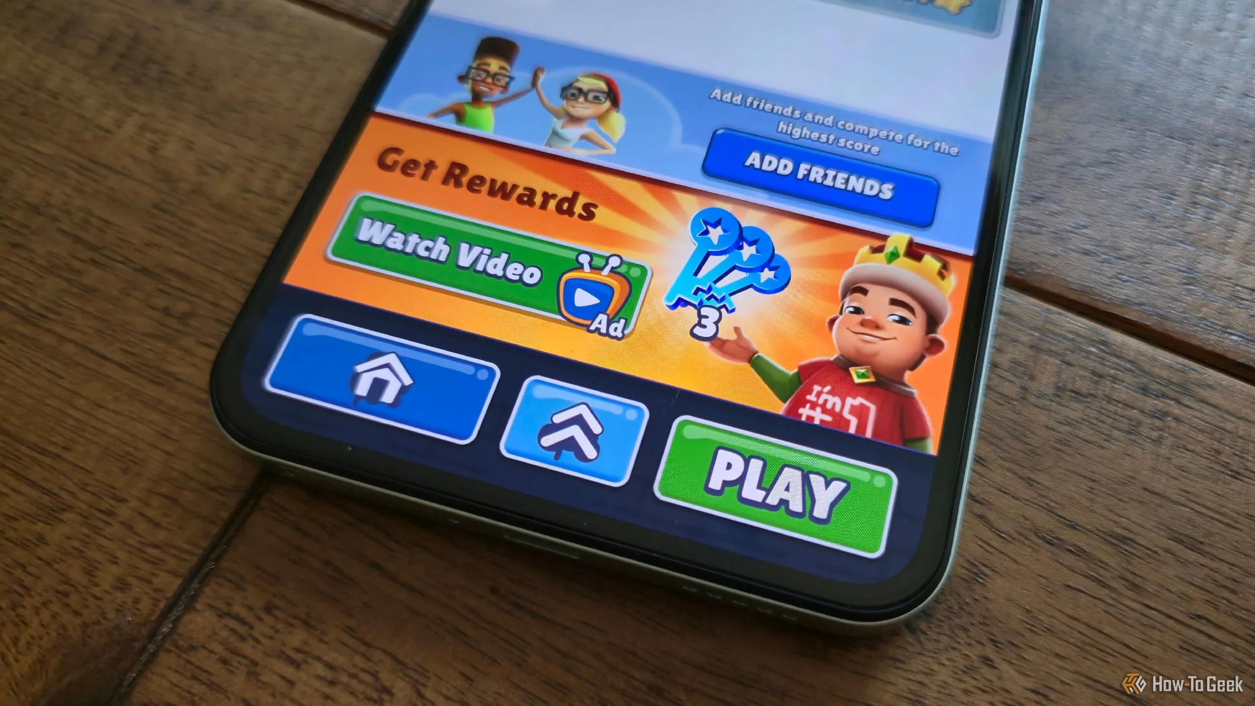 Màn hình hiển thị quảng cáo trong game Subway Surfers trên điện thoại CMF Phone 2 Pro, minh họa cách game miễn phí sử dụng quảng cáo và cơ chế gây nghiện để thao túng người chơi.