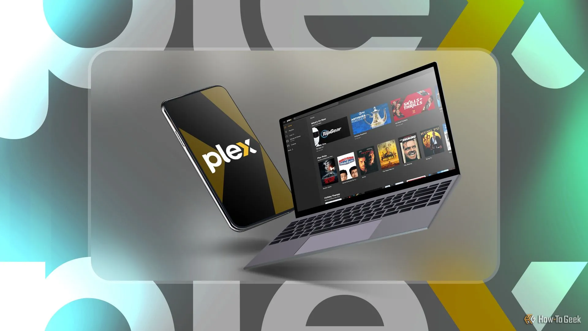 Màn hình laptop hiển thị giao diện Plex server cùng điện thoại có logo Plex, minh họa việc biến laptop cũ thành máy chủ truyền phát.