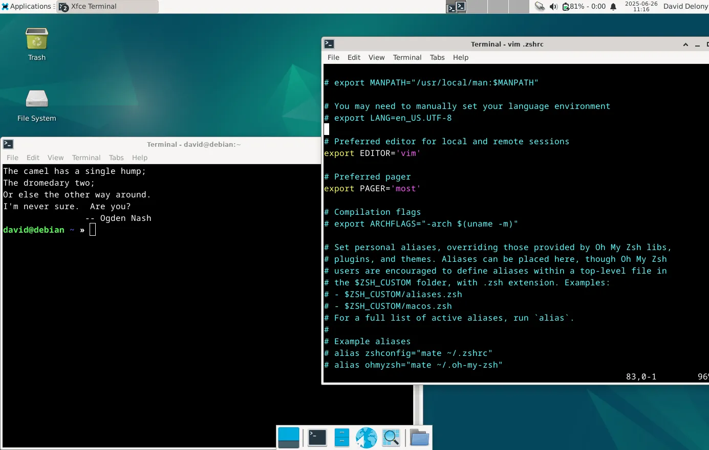 Màn hình Linux với hai cửa sổ terminal, một cửa sổ đang chỉnh sửa file .zshrc và một cửa sổ terminal dự phòng
