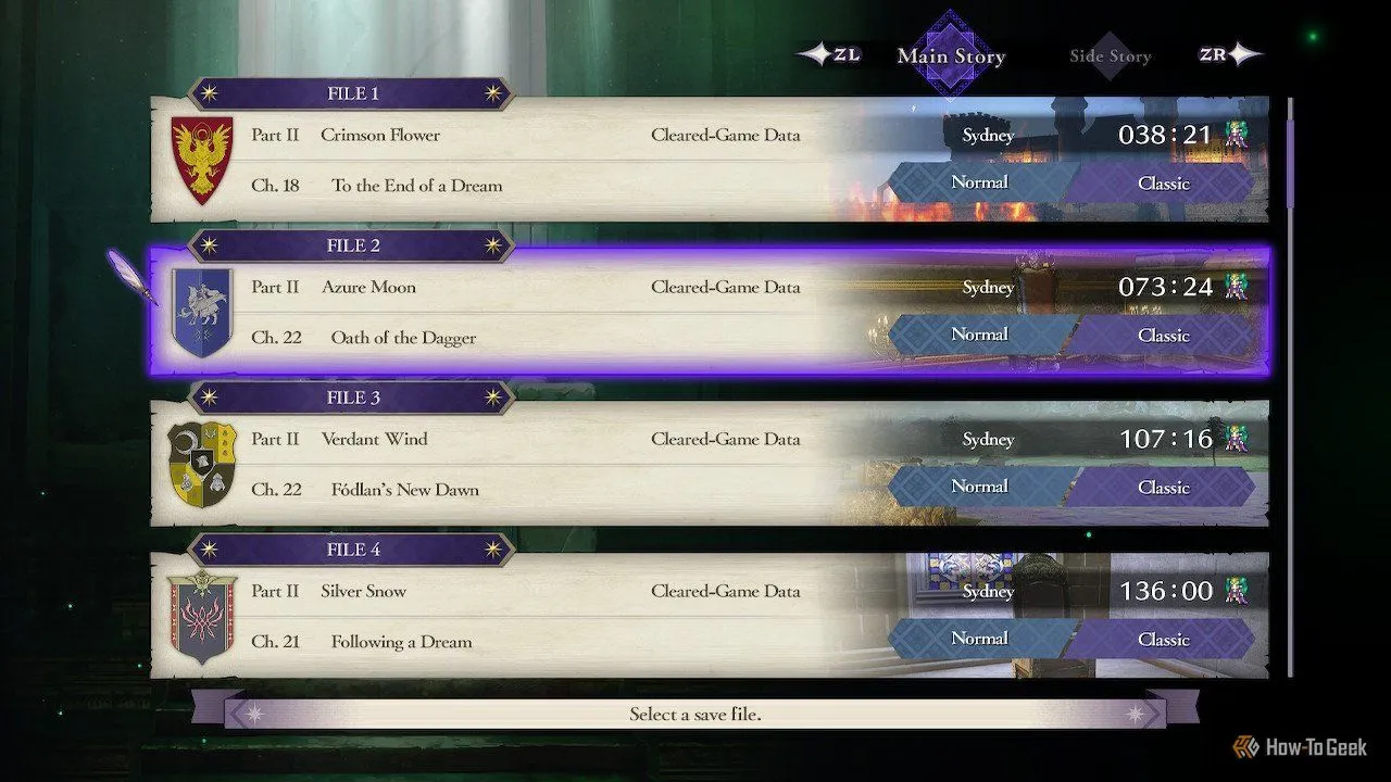 Màn hình lưu game của Fire Emblem: Three Houses hiển thị tất cả bốn lộ trình cốt truyện chính đã được hoàn thành, chứng minh sự đa dạng trong lựa chọn.