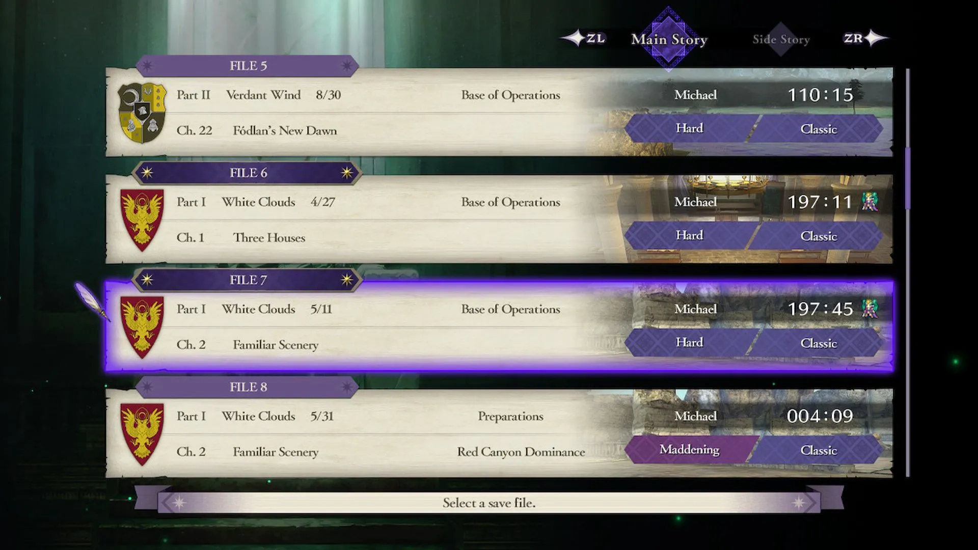 Màn hình lưu game của Fire Emblem: Three Houses với nhiều file lưu có thời gian chơi dài.