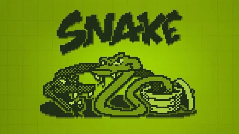 Màn hình menu của phiên bản Snake trên Nokia, thể hiện giao diện đơn giản và chú rắn pixel đặc trưng.