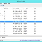 Màn hình NirSoft WifiInfoView hiển thị danh sách các mạng Wi-Fi và kênh sử dụng, giúp chọn kênh tối ưu.