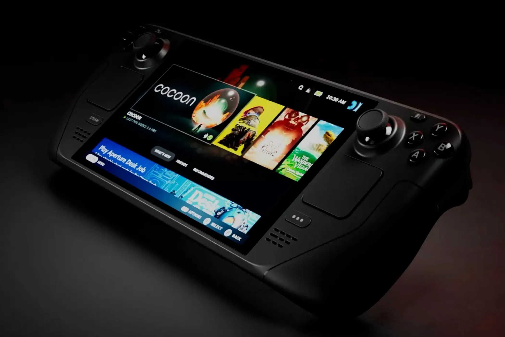 Màn hình Steam Deck OLED đang bật, tập trung vào trải nghiệm chơi game, biểu thị thiết bị chơi game cầm tay.