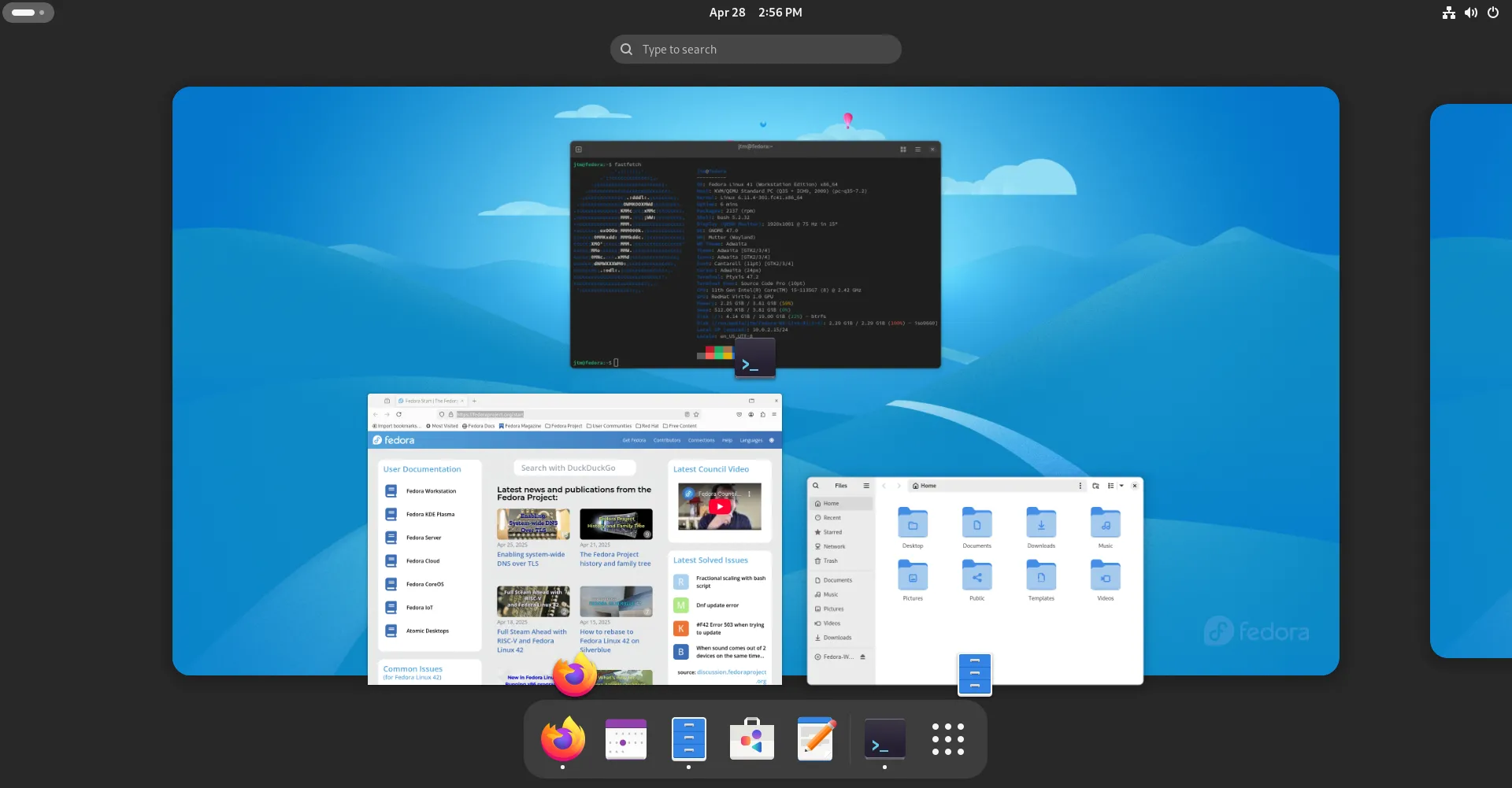Màn hình tổng quan hoạt động của môi trường desktop GNOME trên Fedora