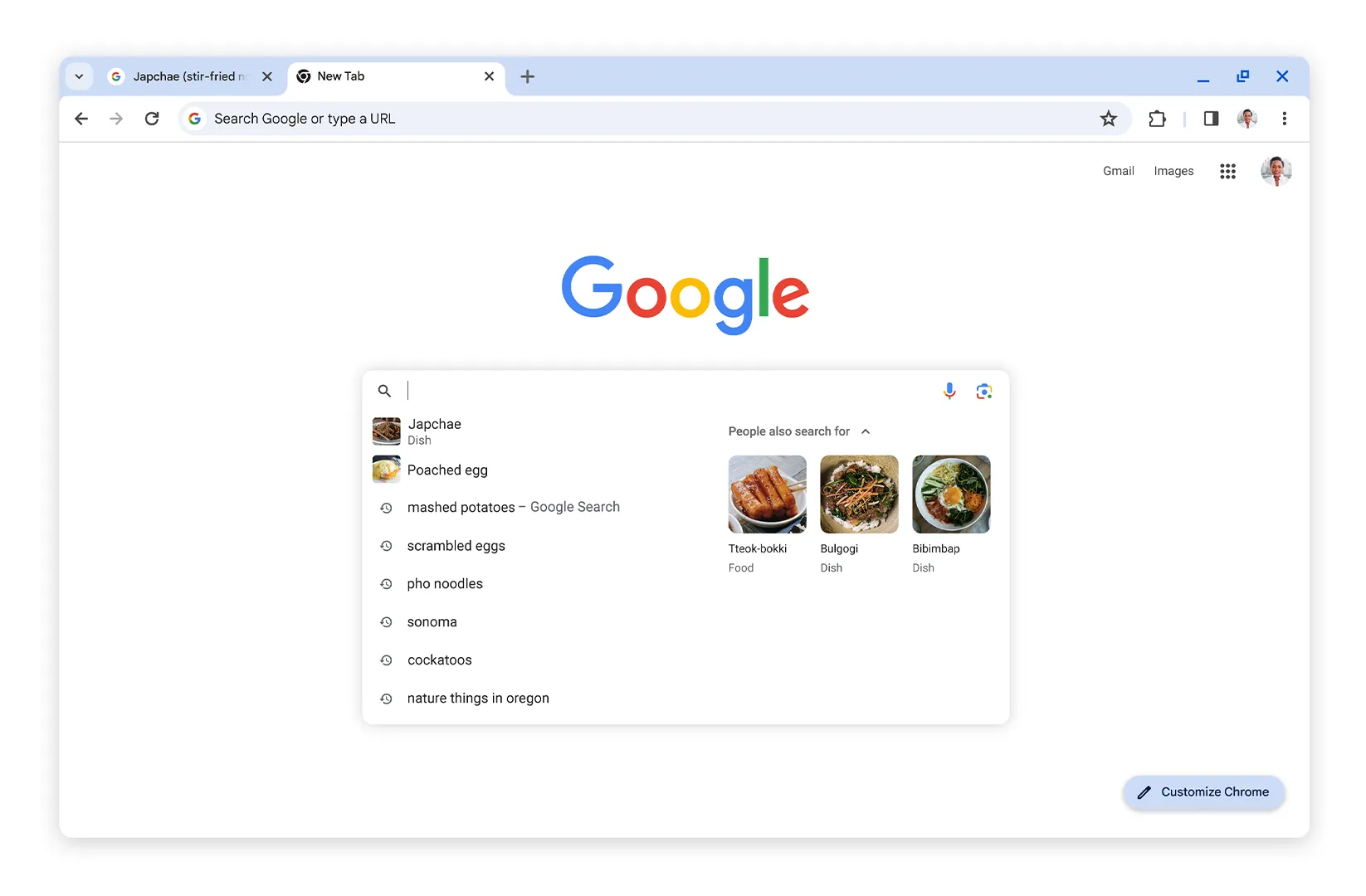 Màn hình trang tab mới của Chrome hiển thị gợi ý tìm kiếm "Mọi người cũng tìm kiếm" với chủ đề Star Trek và Spock.