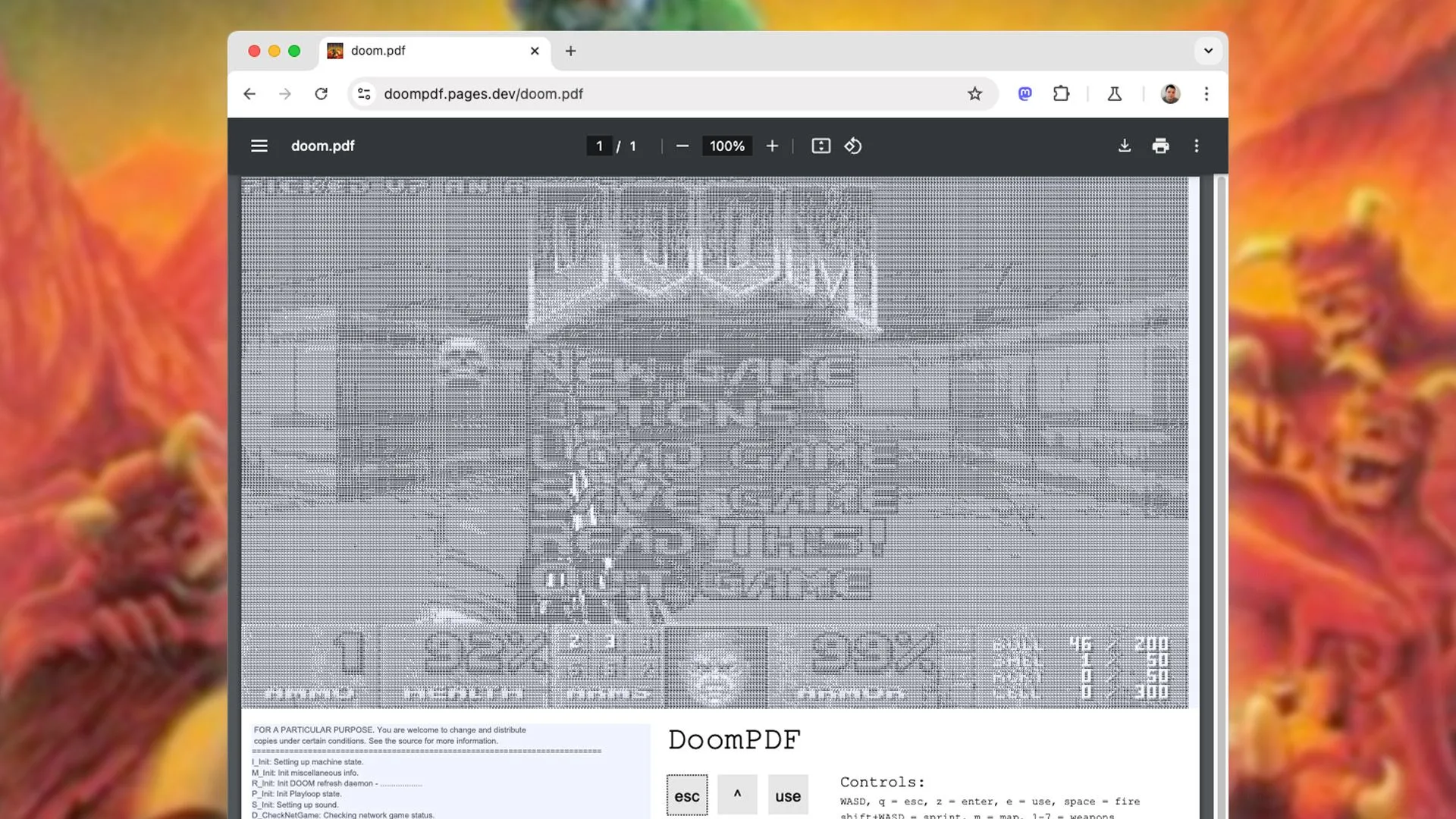 Màn hình trò chơi DOOM hiển thị bên trong một tài liệu PDF mở trên trình duyệt web, minh họa khả năng chạy game trên định dạng tài liệu này.