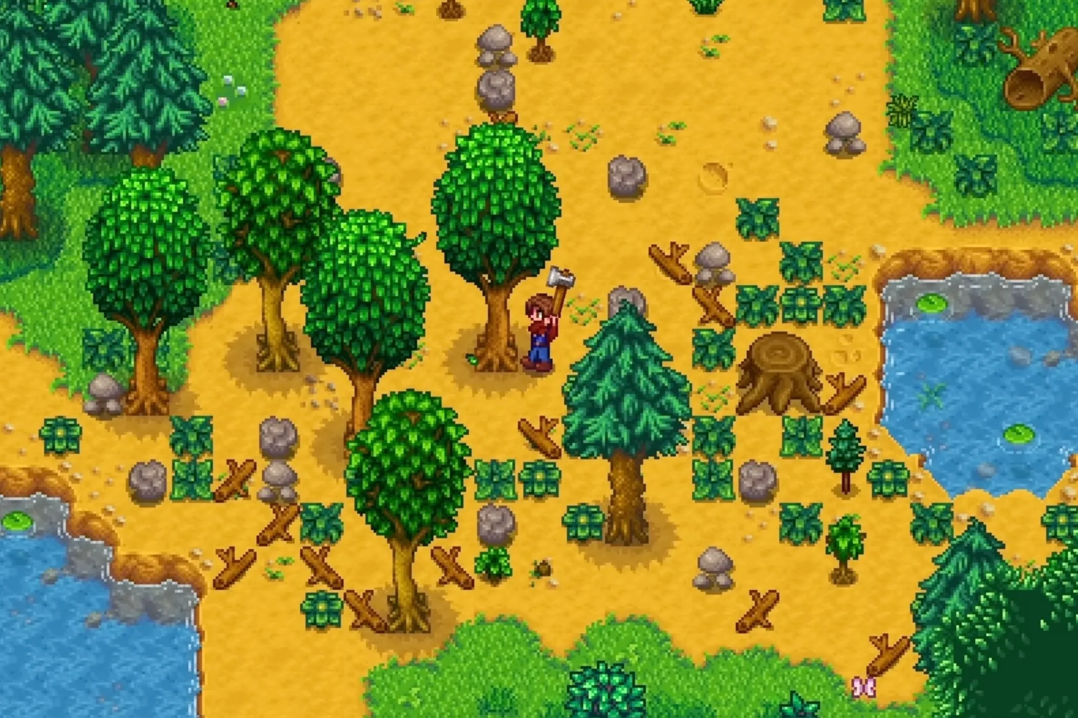 Màn hình trò chơi Stardew Valley với nông trại và nhân vật chính.
