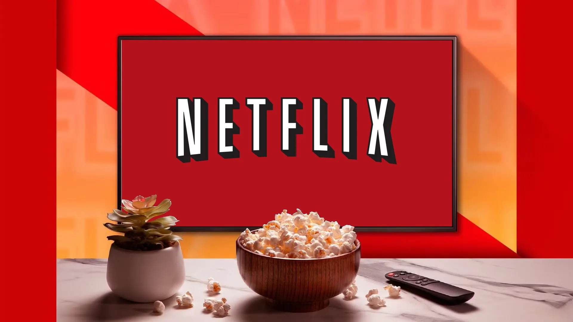 Màn hình TV hiển thị logo Netflix cũ, cùng với cây xanh, bát bỏng ngô và điều khiển từ xa trên bàn