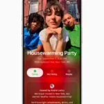 Màn hình ứng dụng Apple Invites hiển thị giao diện tạo lời mời sự kiện với tùy chọn thêm hình ảnh và quản lý chi tiết.