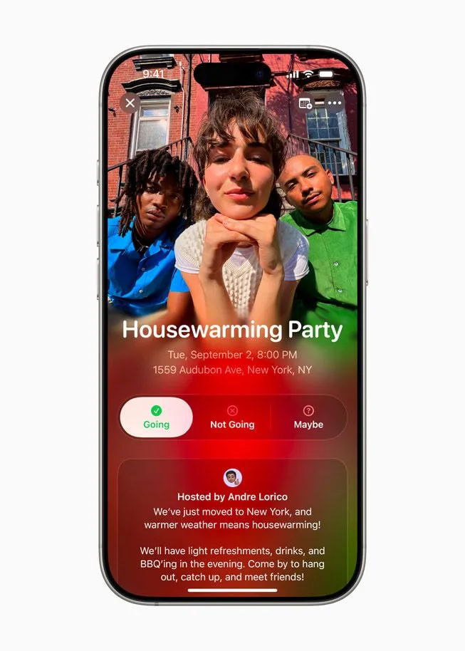 Màn hình ứng dụng Apple Invites hiển thị giao diện tạo lời mời sự kiện với tùy chọn thêm hình ảnh và quản lý chi tiết.