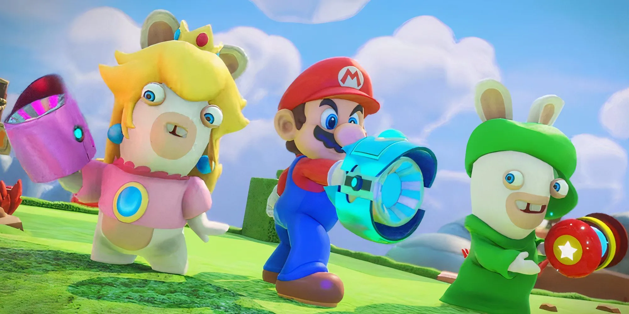 Mario cùng hai nhân vật Rabbids chiến đấu trong game Mario + Rabbids: Kingdom Battle.