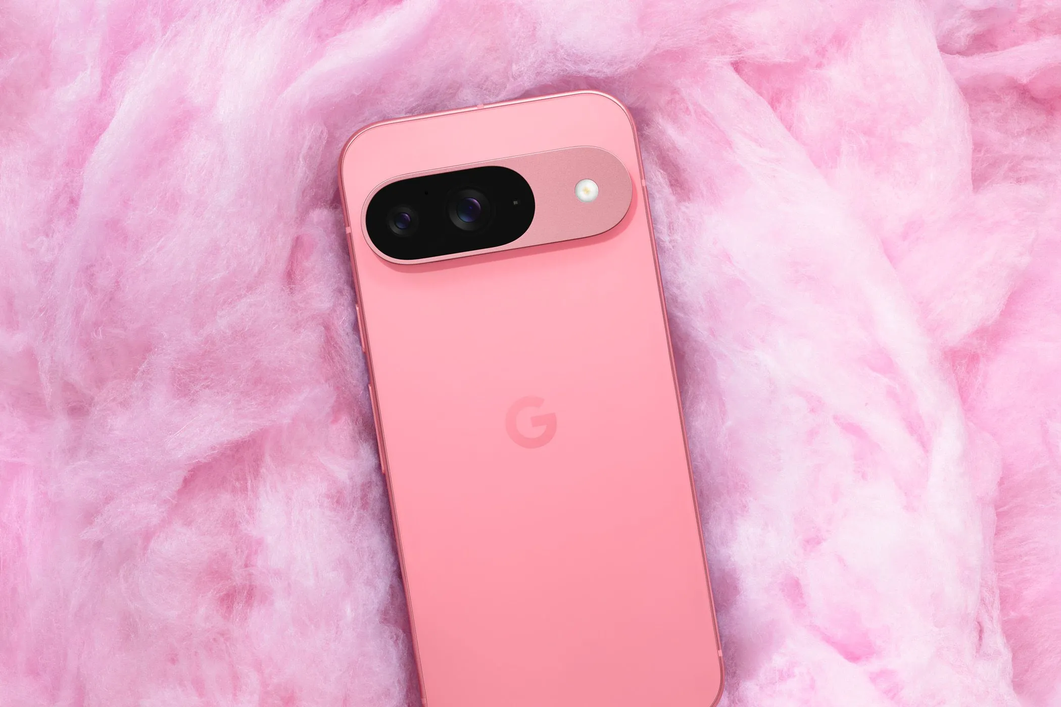 Mặt lưng của điện thoại Google Pixel 9 màu hồng nhạt, minh họa thiết kế camera kép.