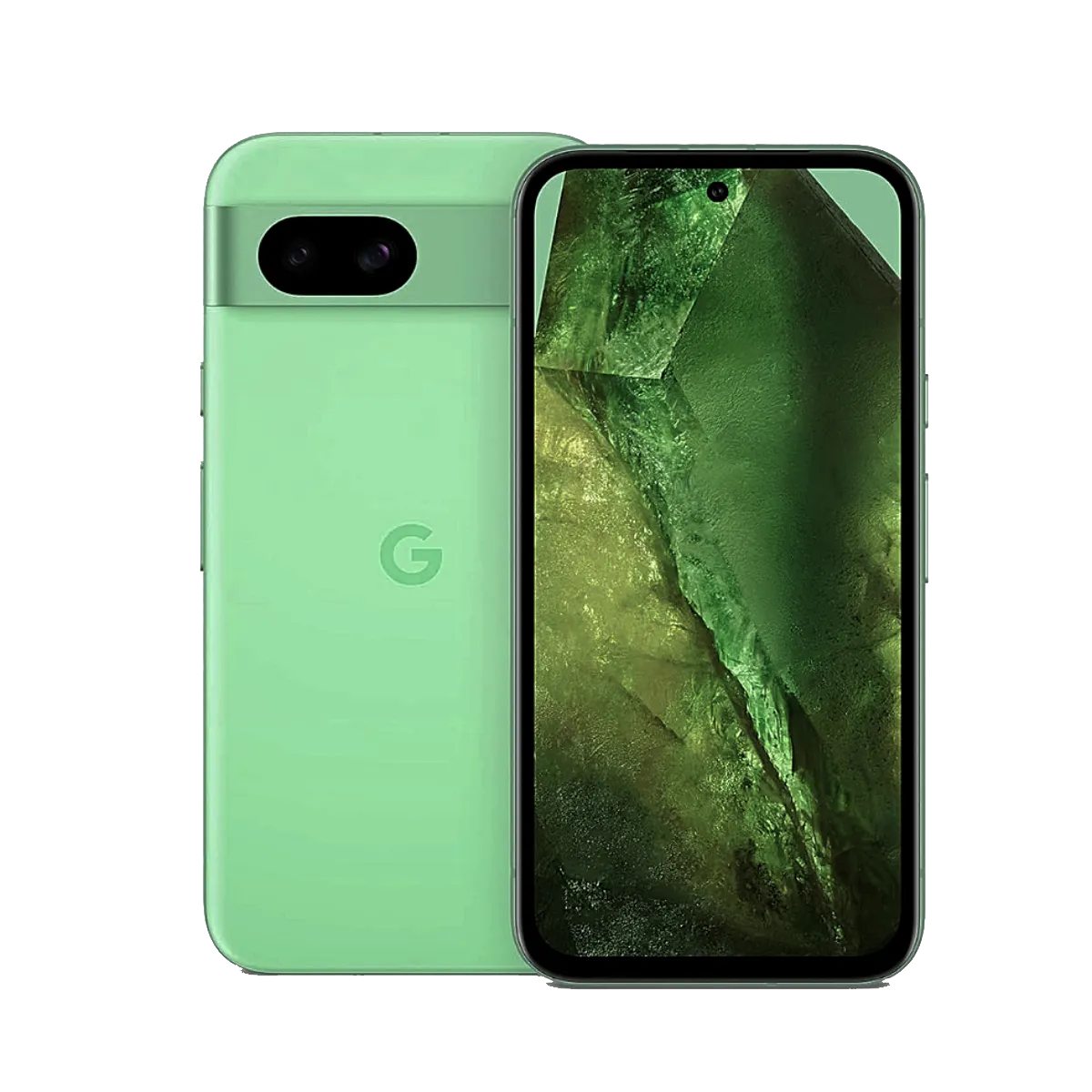 Mặt lưng điện thoại Google Pixel 8a màu xanh bạc hà với cụm camera ngang đặc trưng và logo Google