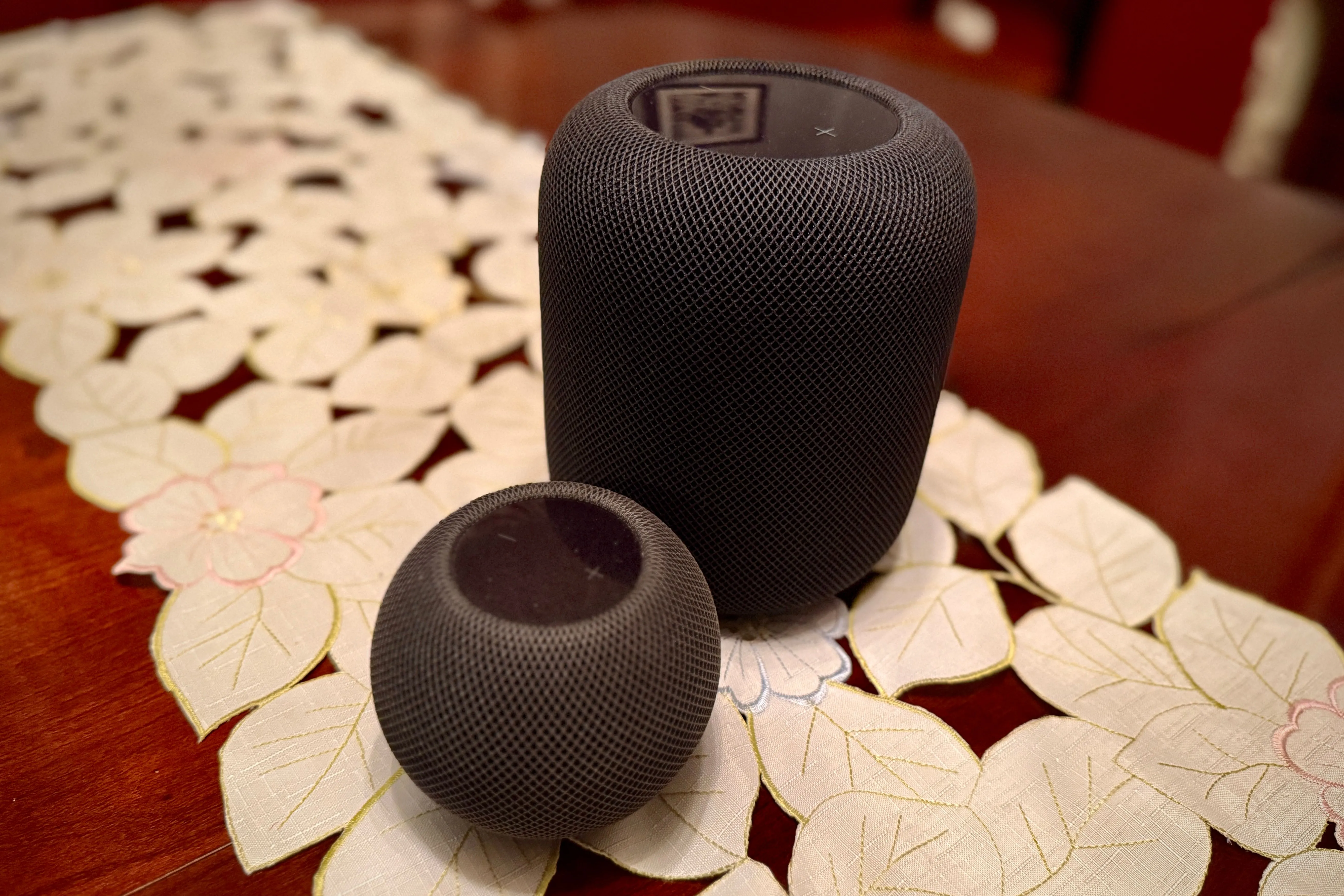 Mặt trên của loa HomePod và HomePod mini màu đen, cho thấy bề mặt cảm ứng khác nhau về kích thước trên mỗi mẫu.