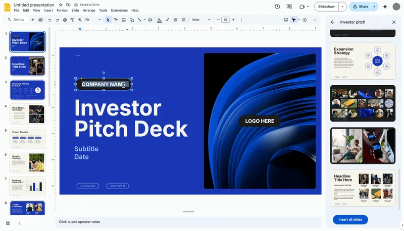 Mẫu template thuyết trình nhà đầu tư mới trong Google Slides.