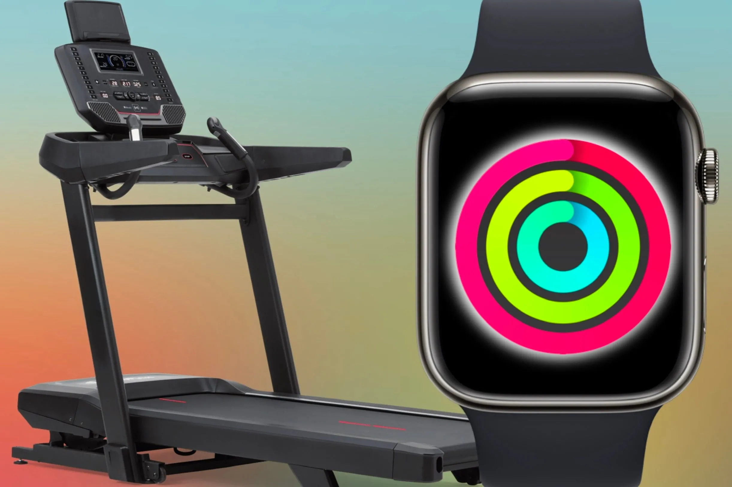 Máy chạy bộ đặt cạnh Apple Watch, thể hiện các vòng hoạt động đã hoàn thành, phù hợp cho việc tập luyện tại nhà.