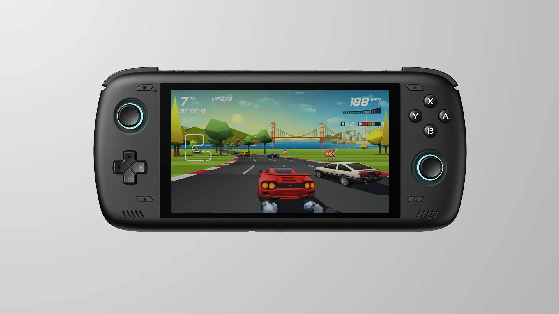 Máy chơi game retro cầm tay AYN Odin 2 màu đen, đặt trên nền xám, lựa chọn mạnh mẽ nhất cho giả lập đa hệ máy Nintendo