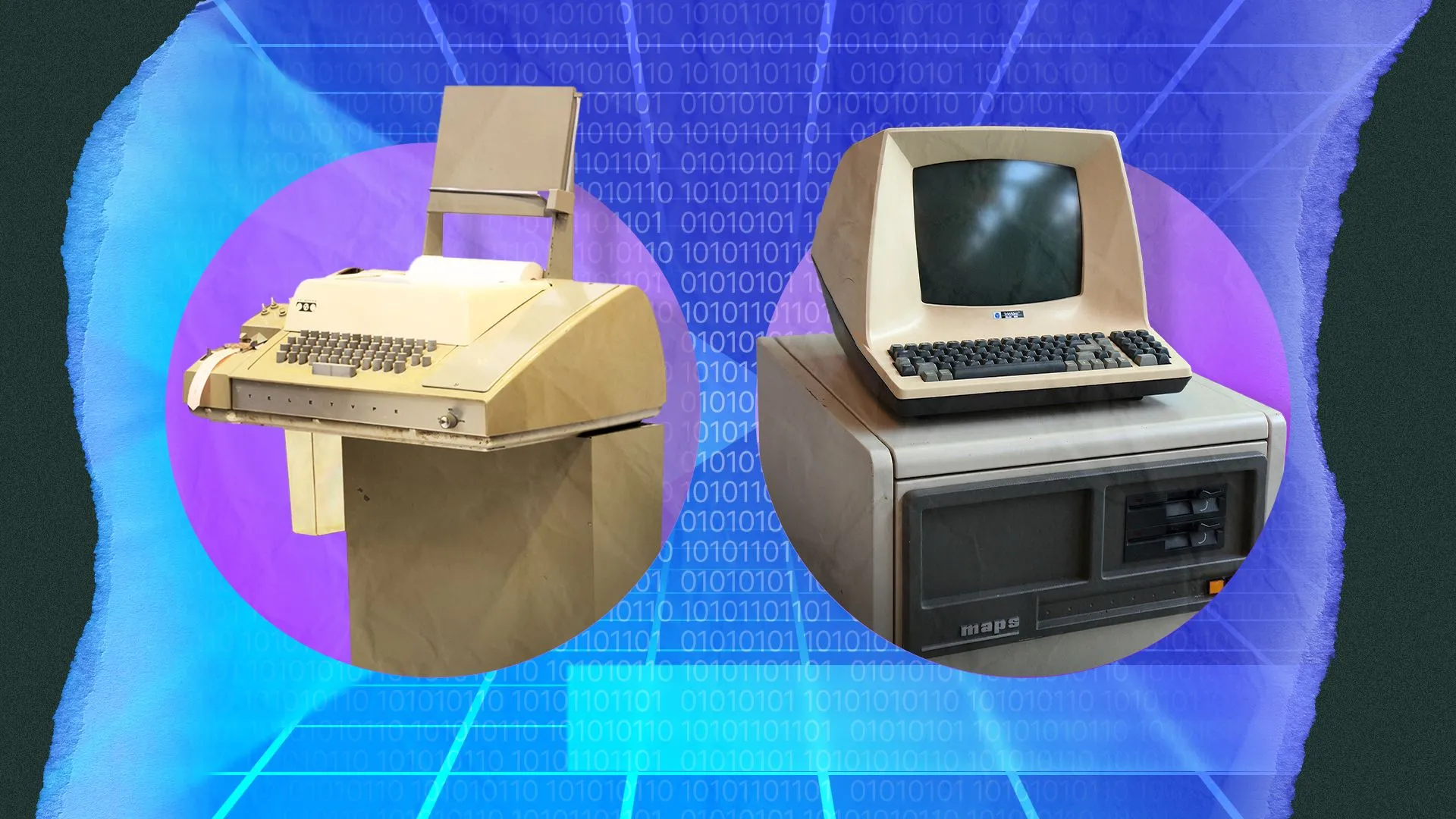 Máy teletype cổ điển bên cạnh một thiết bị đầu cuối Televideo, thể hiện công nghệ hiển thị và nhập liệu trước đây.