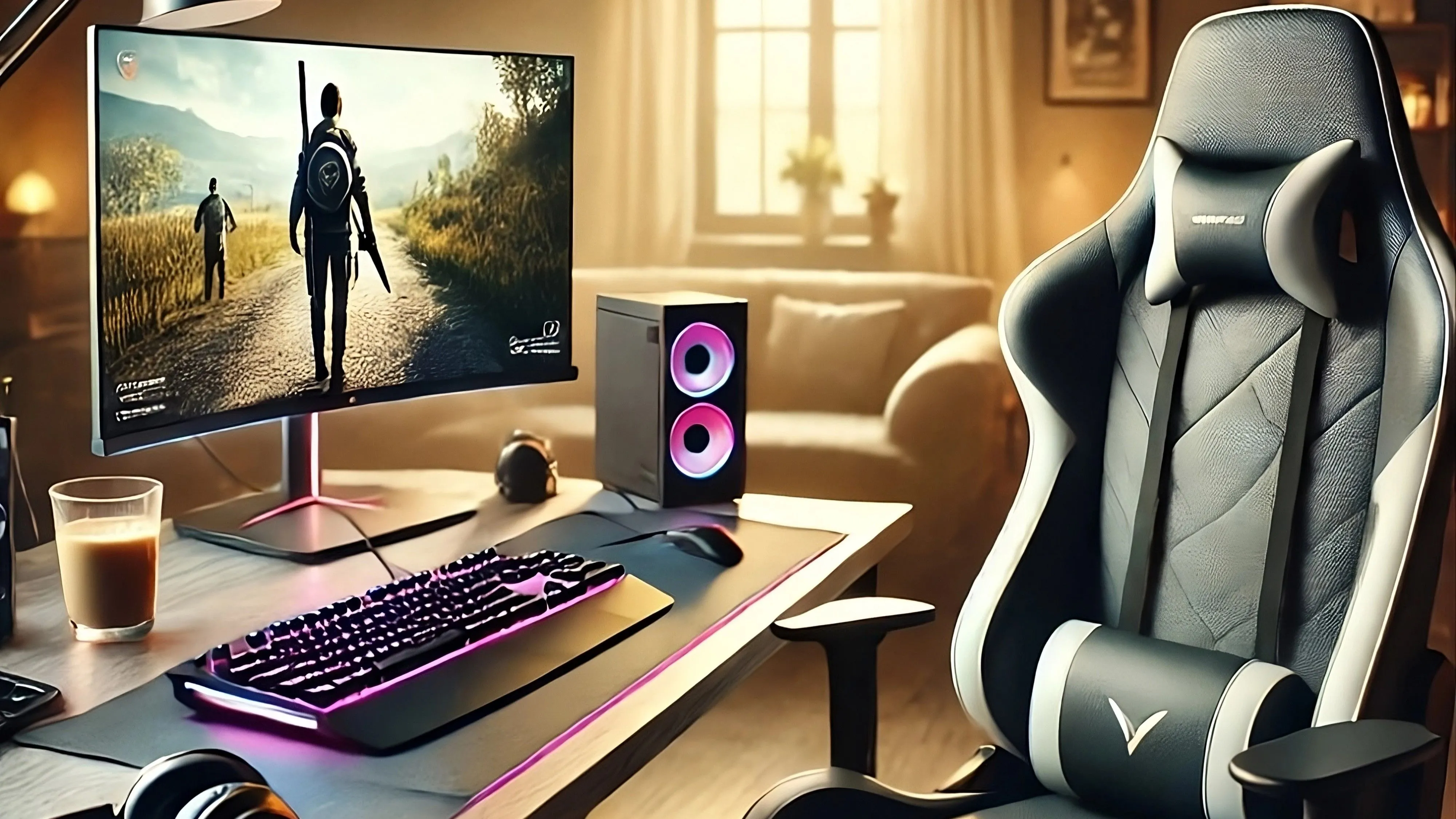 máy tính chơi game, ghế gaming và tách cà phê