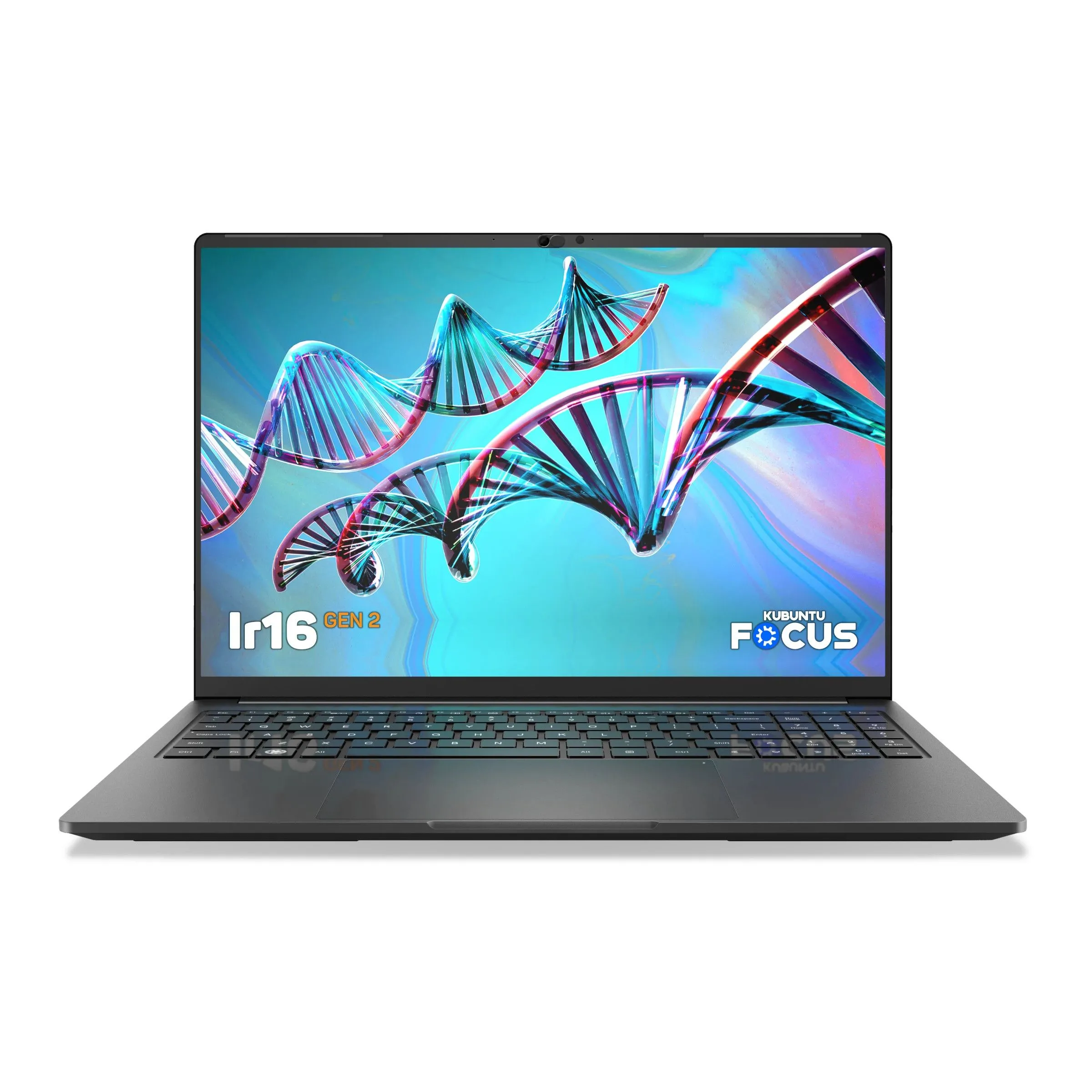 Máy tính xách tay Kubuntu Focus Ir16 Gen 2 trên nền trắng