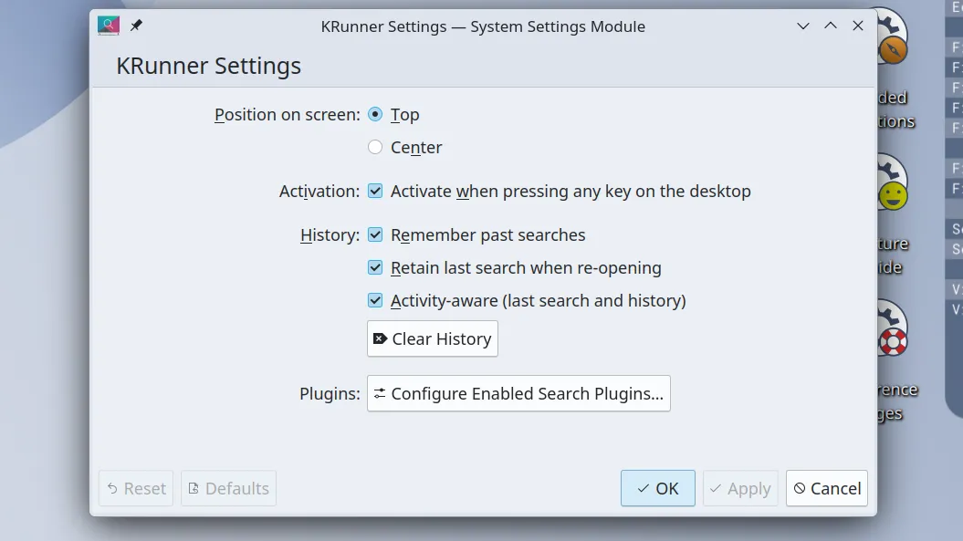 Menu cài đặt KRunner trong môi trường KDE Plasma, cho phép điều chỉnh các tùy chọn nâng cao.