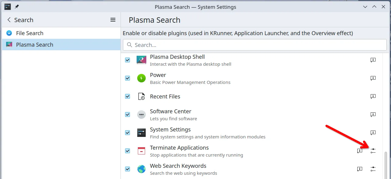 Menu cài đặt Tìm kiếm KDE Plasma với mũi tên đỏ chỉ vào nút cấu hình plugin, cho phép tùy chỉnh các chức năng.