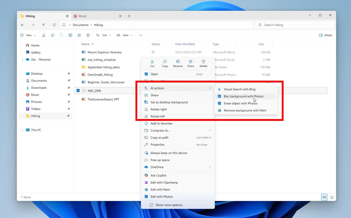 Menu chuột phải File Explorer hiển thị các tùy chọn tác vụ AI của Microsoft như tìm kiếm hình ảnh, làm mờ nền, xóa vật thể và xóa nền.