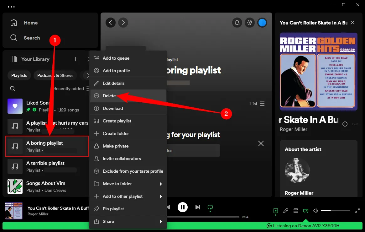 Menu chuột phải hiện ra tùy chọn "Xóa" playlist trên Spotify desktop.