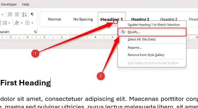 Menu chuột phải trên &quot;Heading 1&quot; trong thư viện Styles của Microsoft Word, với tùy chọn &quot;Modify&quot; được chọn để chỉnh sửa kiểu.