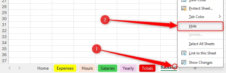 Menu chuột phải trên tab trang tính Excel hiển thị tùy chọn &quot;Hide&quot; để ẩn trang tính.