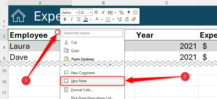Menu chuột phải trong ô Excel hiển thị tùy chọn &quot;New Note&quot; để thêm ghi chú mới.