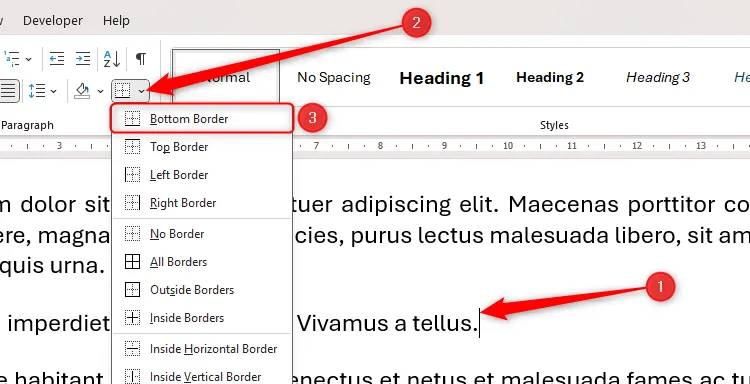 Menu thả xuống &quot;Borders&quot; trong tab &quot;Home&quot; của Microsoft Word, hiển thị tùy chọn &quot;Bottom Border&quot; để thêm viền dưới văn bản.